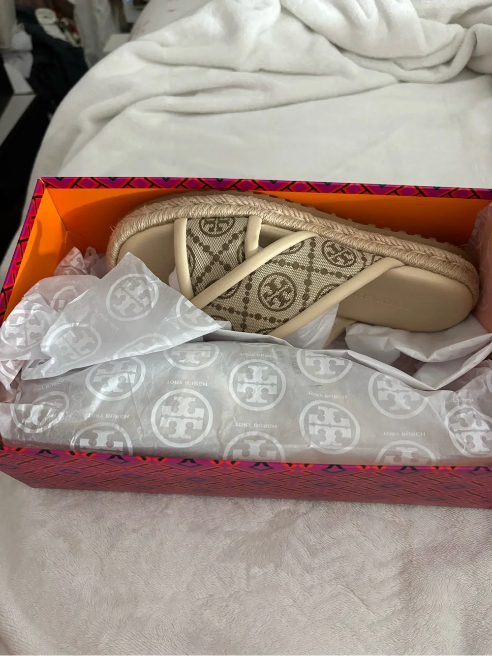 Tory Burch Beige Monogram Espadrille Slide Sandals
